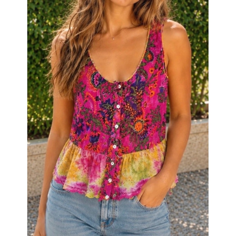 Chaudry Pink Floral Tie Dye Eyelet Peplum Tank Top Small Smocked Boho Ruffle y2k